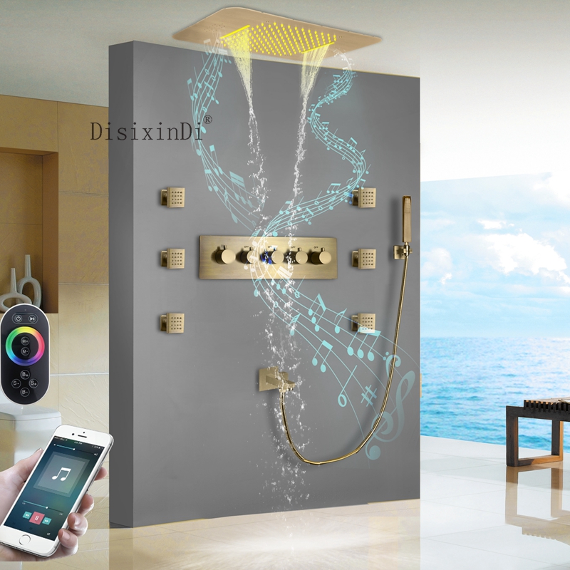 Antique Brass Ceiling LED Head Shower With Music Speaker Thermostatic Bath & Shower Sets 580*380mm Waterfall Rain Mixer