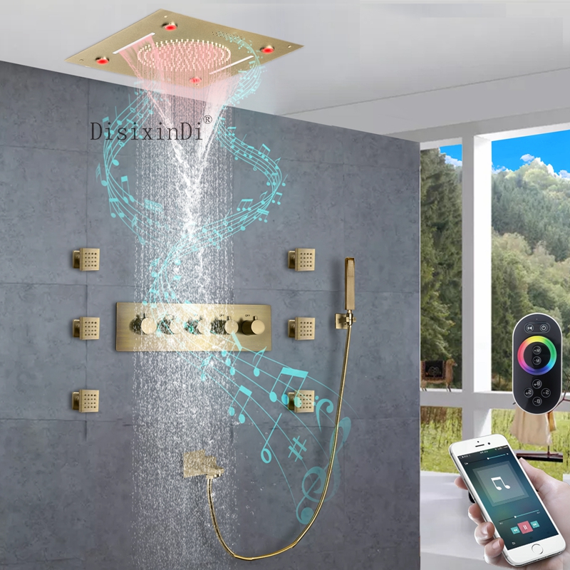 LED Shower System with Music Speaker 16 Inch Ceiling Mounted Rain Waterfall Showers Bathroom Thermostatic Led Shower Set