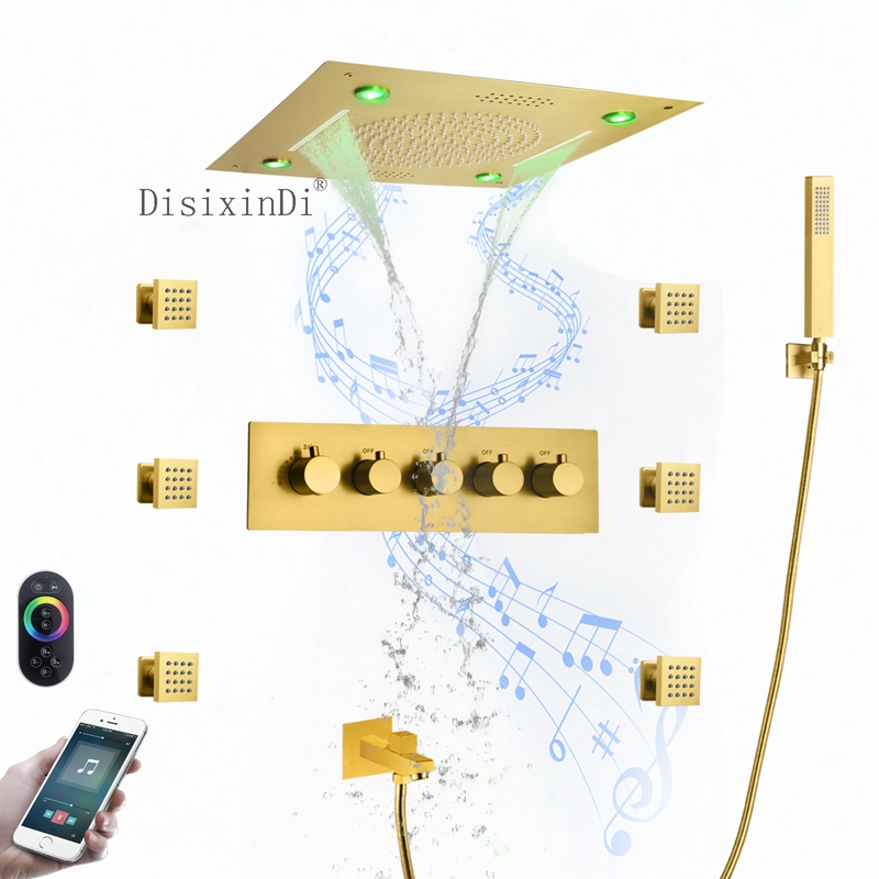LED Music Bath & Shower Sets Luxury Brushed Gold 16 Inch Ceiling Waterfall Rainfall Head Shower