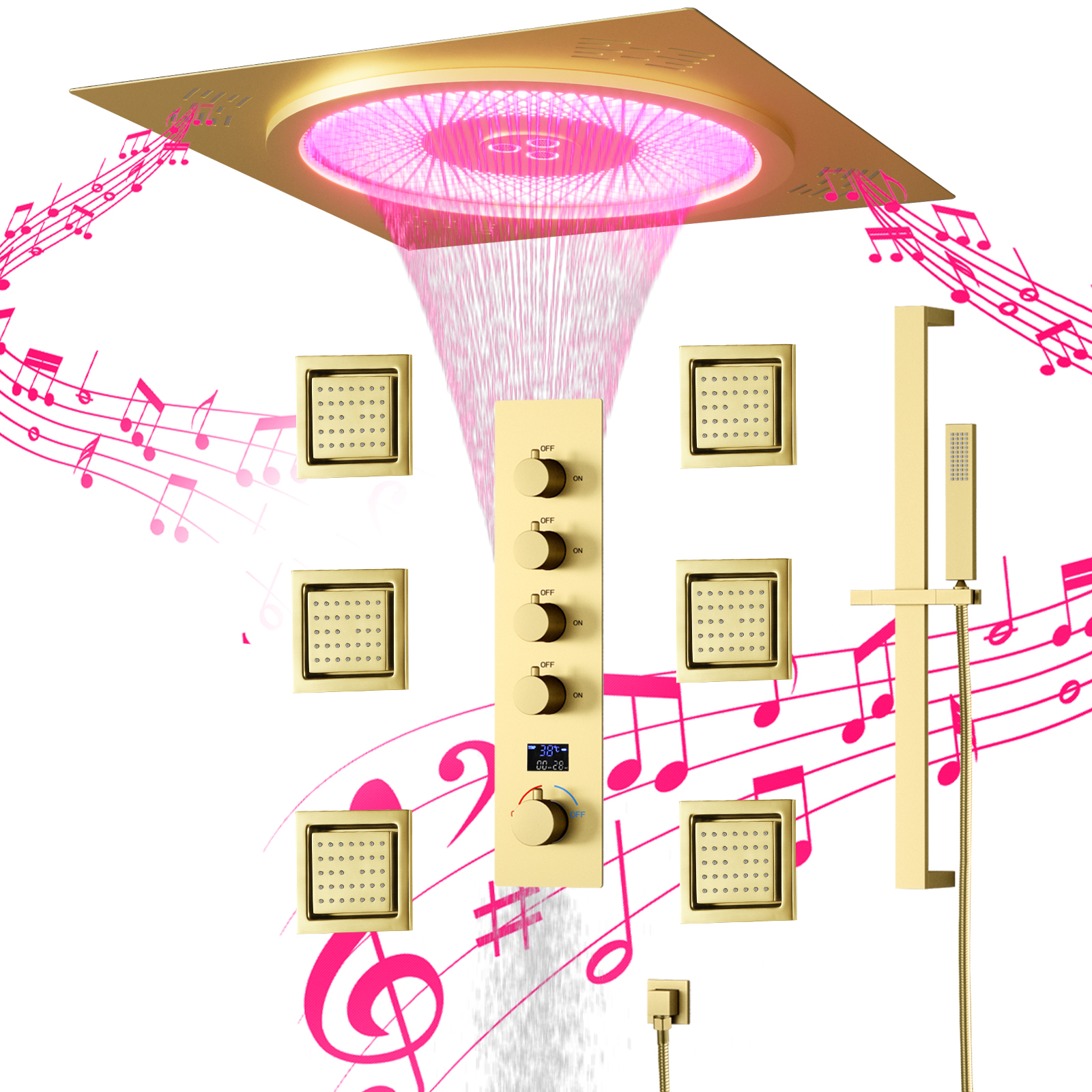 500*500mm Large Smart Shower Ceiling Embedded Bathroom Brushed Gold LED Music Constant Temperature Rain Shower Column