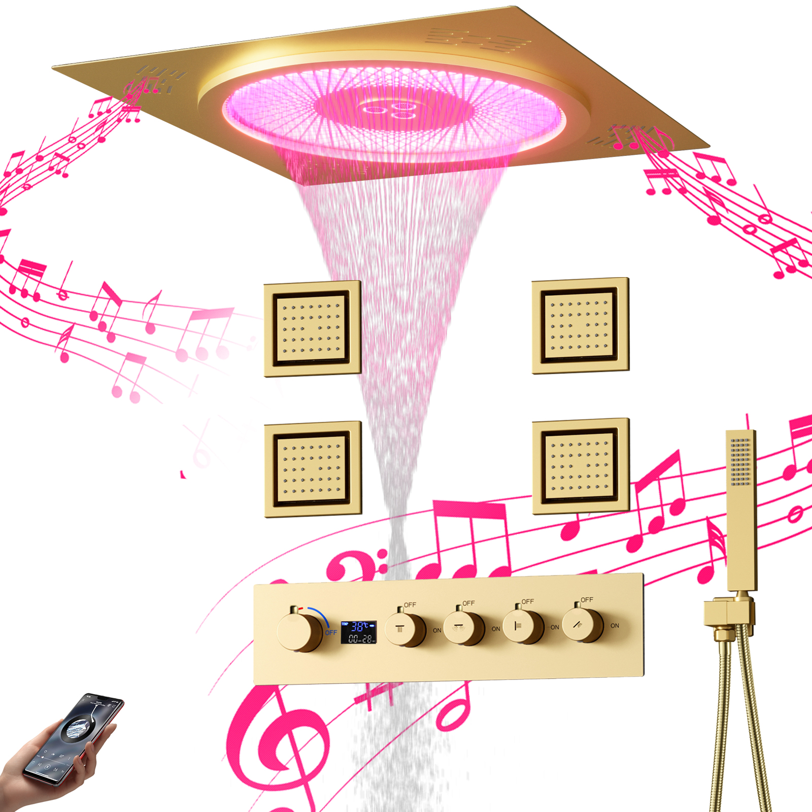 New Design Deluxe Digital Display 5 Features Shower Head Rain Shower with LED And Music Wall Mounted Shower Faucet Set