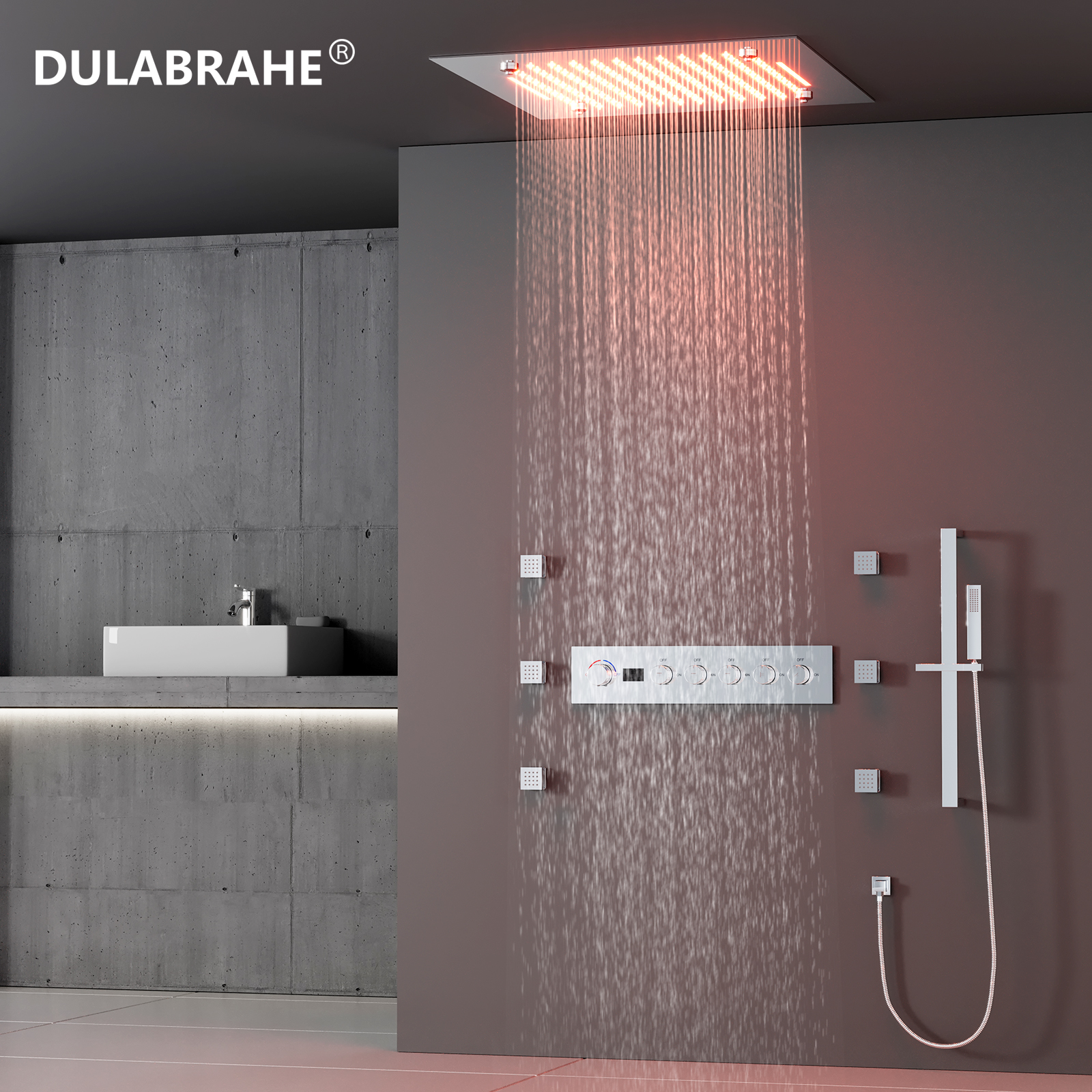 5-feature Luxury Bathroom Shower Faucet Chrome-plated Glitzy LED Wall-mounted Hot & Cold Shower Rain Set with Music