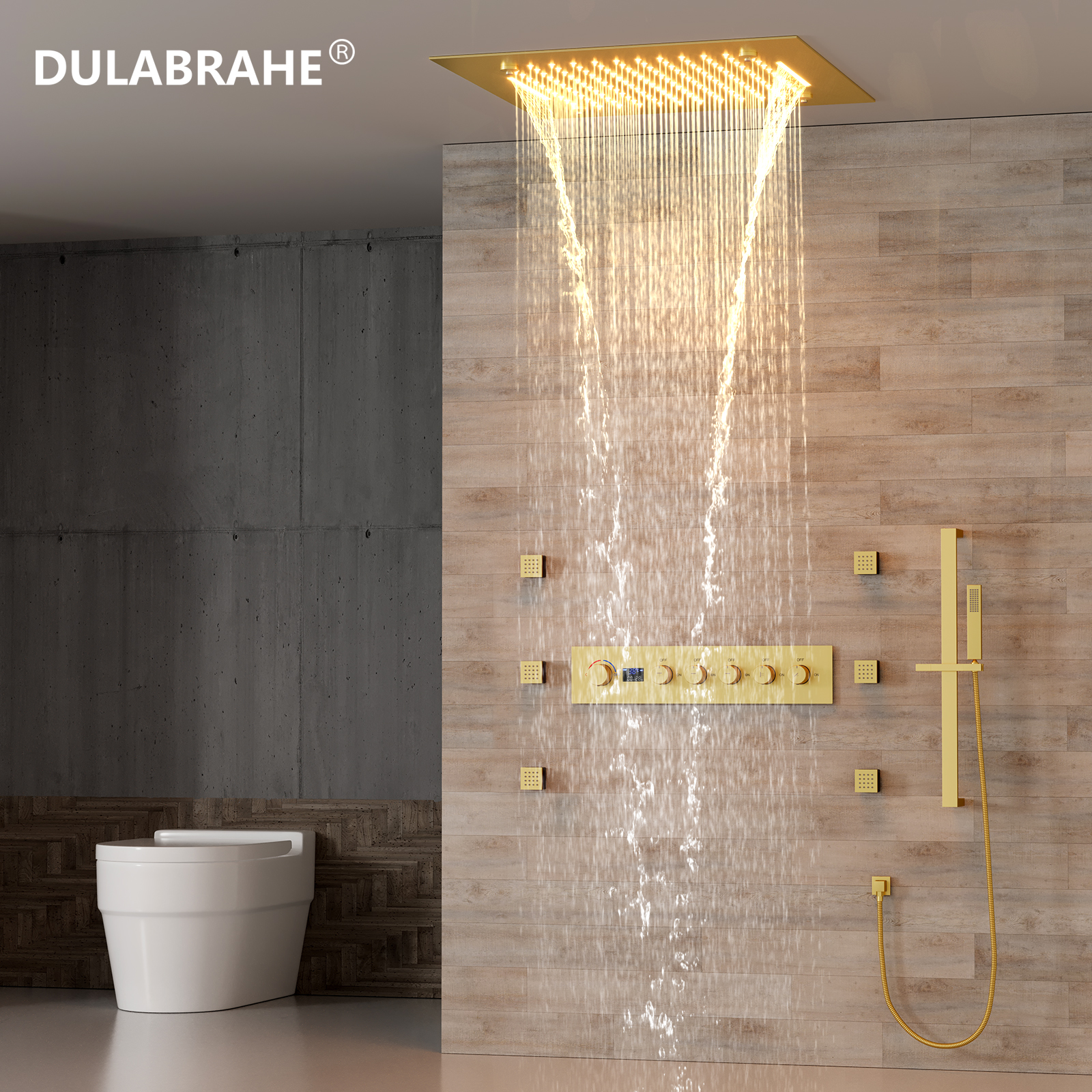 Brushed Gold Hidden Shower Set Wall Mounted Rain Shower Head Luxury Shower Valve Mixer Combo