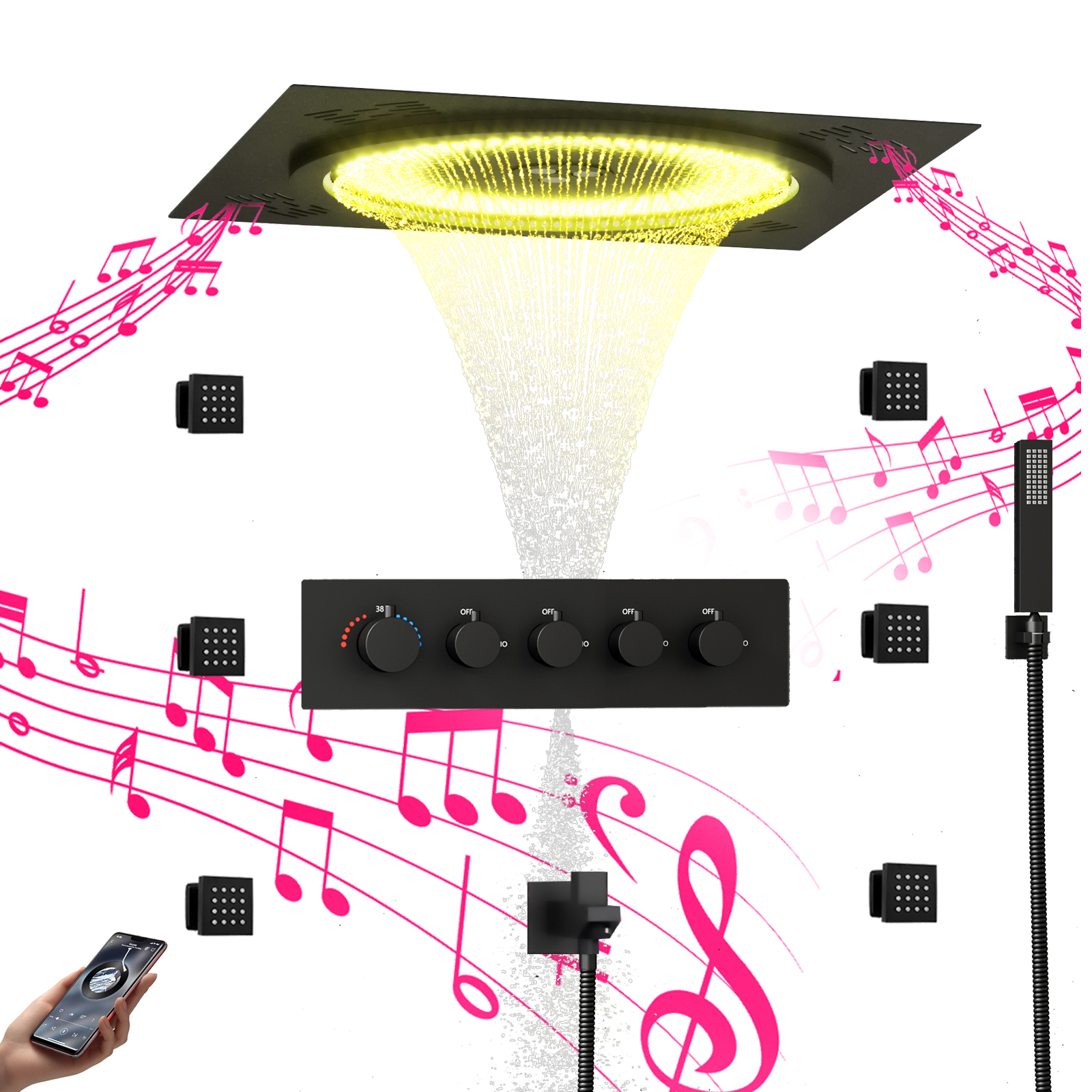 Bathroom LED Music Rain Column Suspended Ceiling Shower Head Concealed Square Shower Head Set