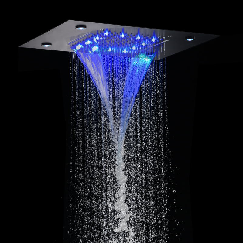 Matte Black 50X36 CM LED Shower Faucets Bathroom Bifunctional Waterfall Rainfall With 3 Color Temperature Changing
