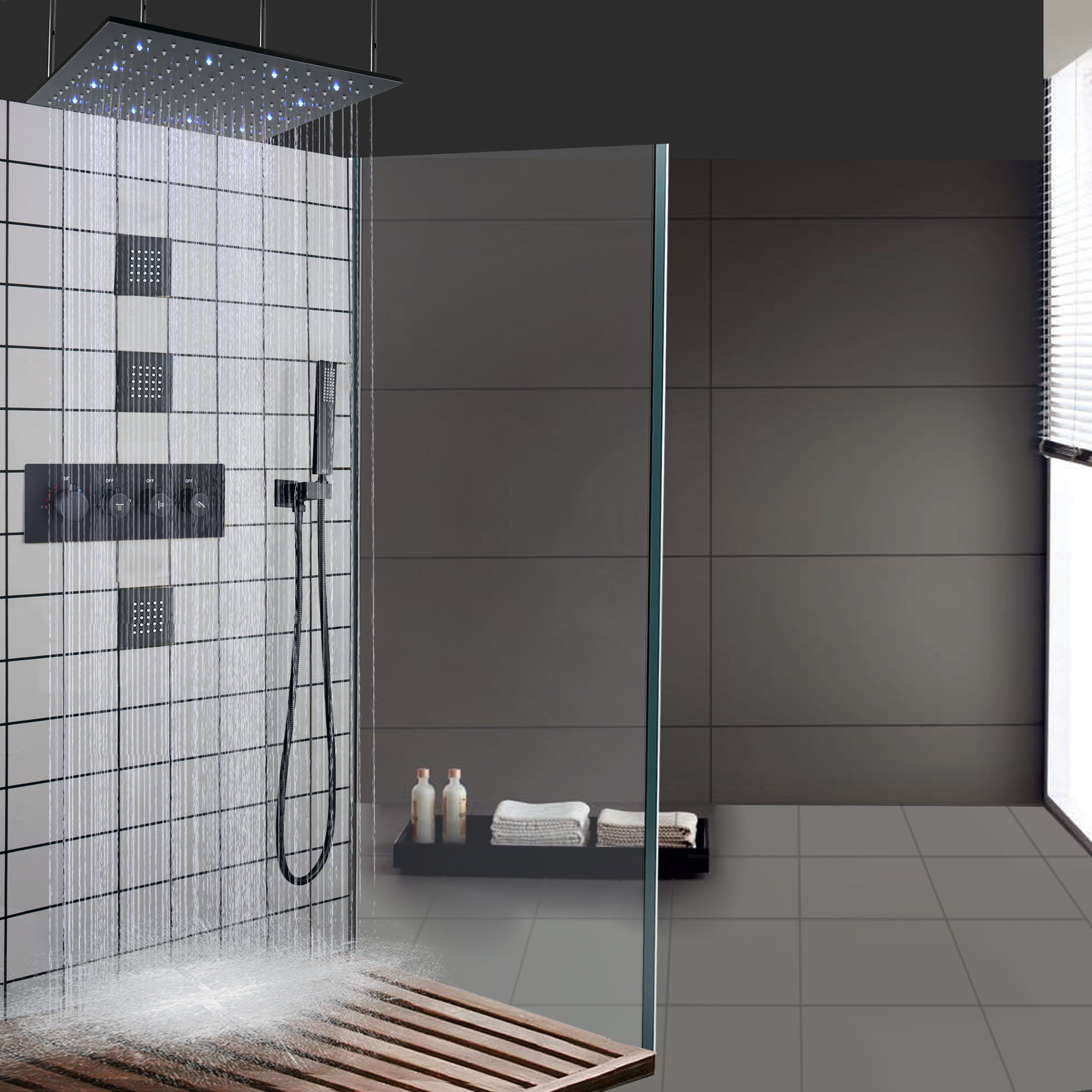 Matte Black LED Thermostatic Bath Shower Faucets Bathroom Ceiling Rainfall Massage Shower Set