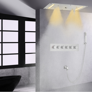 Brushed Nickel Thermostatic Shower System Set 700X380 MM LED Bathroom Waterfall Spray Bubble Rain