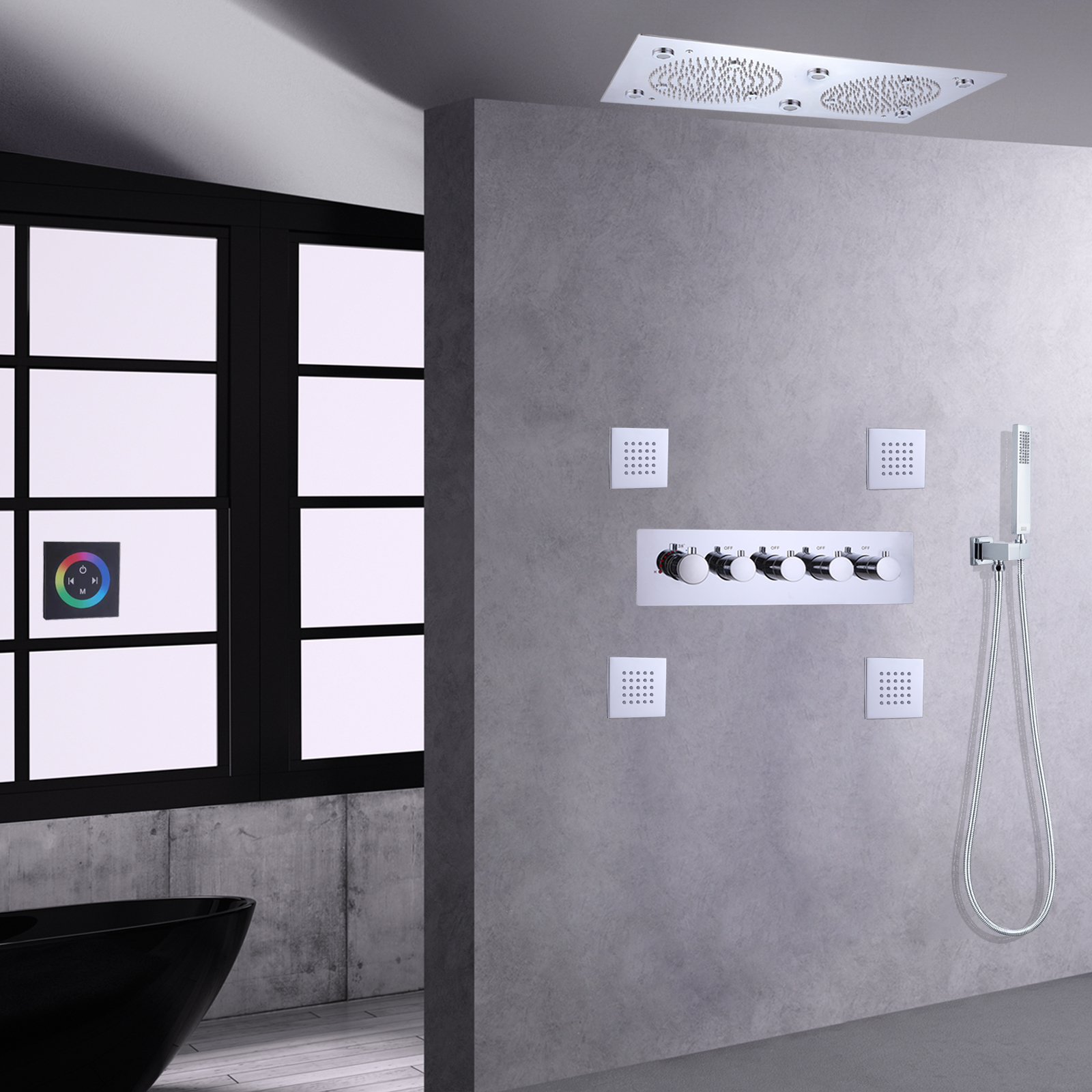 Chrome Polished Shower Faucet Bathroom LED Thermostatic Wall-mounted Rain Mist With Handheld Shower Arm