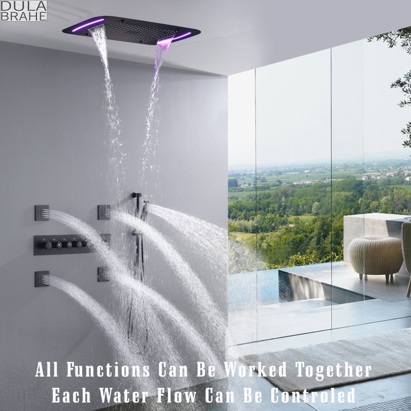 Thermostatic Matte Black LED Shower System Set 28X17 Inch Large Bathroom Waterfall Rain Panel Hydro Jet Massage