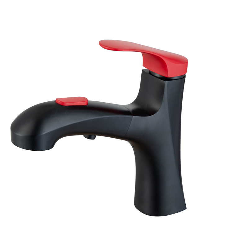 Matte Black Hotel Basin Faucet Red Handle Full Out Double Water Functions Head Contemporary Bathroom Faucet