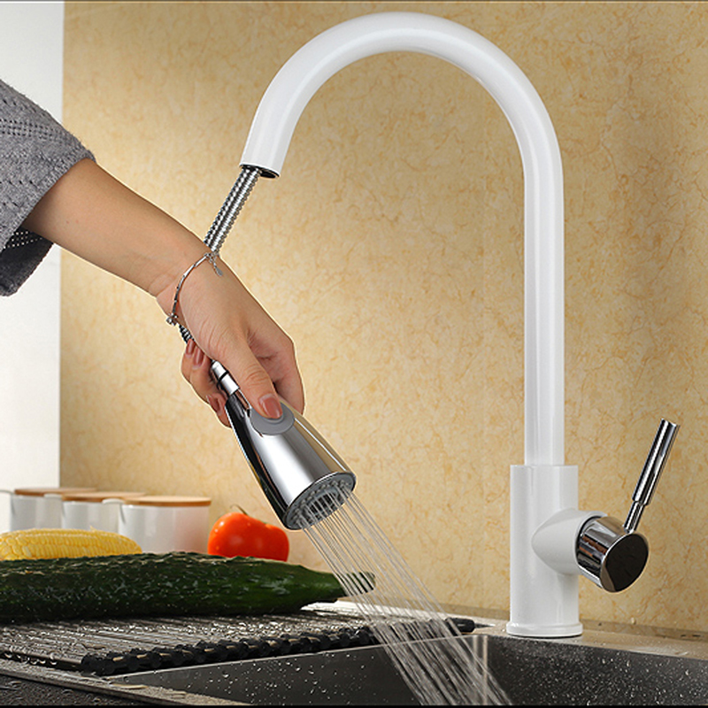 Hot Sales White Plus Chromium Luxury Sink Bifunctional Contemporary Kitchen Taps Pull Out Single Handle