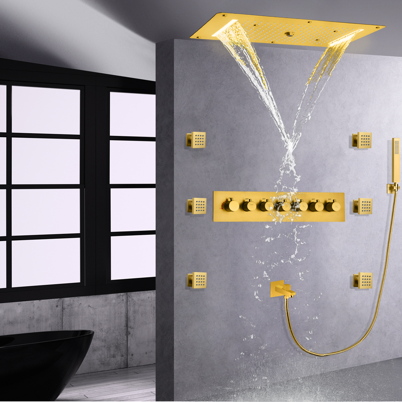 Brushed Gold LED Concealed Shower Mixer Rainfall Waterfall Shower Tub Spout Handheld Combo Set
