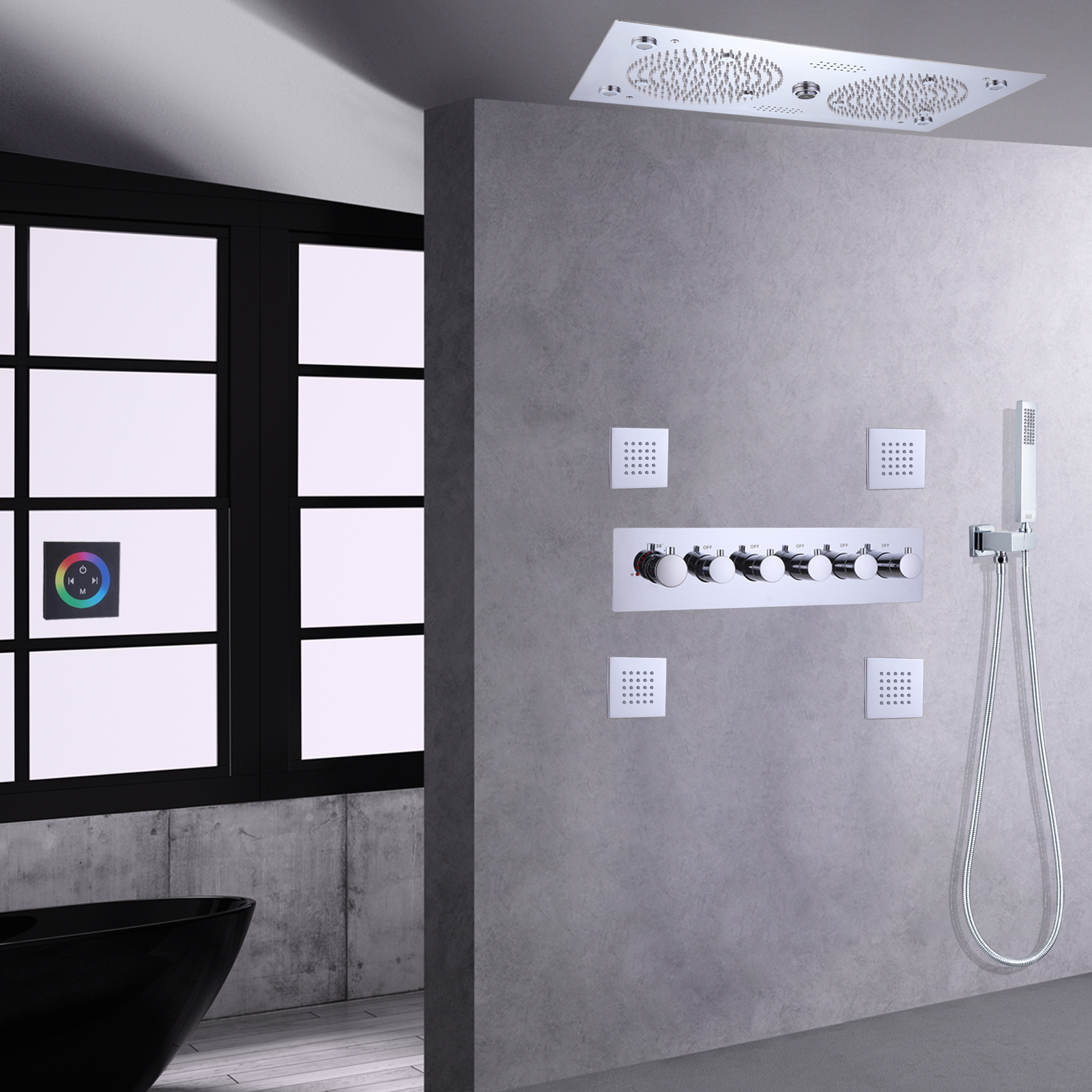 Chrome Polished Thermostatic Shower Faucet Set LED Bathroom With Music Features Shower System Brass Handheld