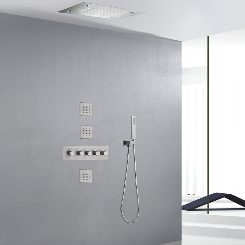 Brushed Nickel Thermostatic Shower System 50X36CM LED Bathroom Shower Rainfall Waterfall Bath Shower Set