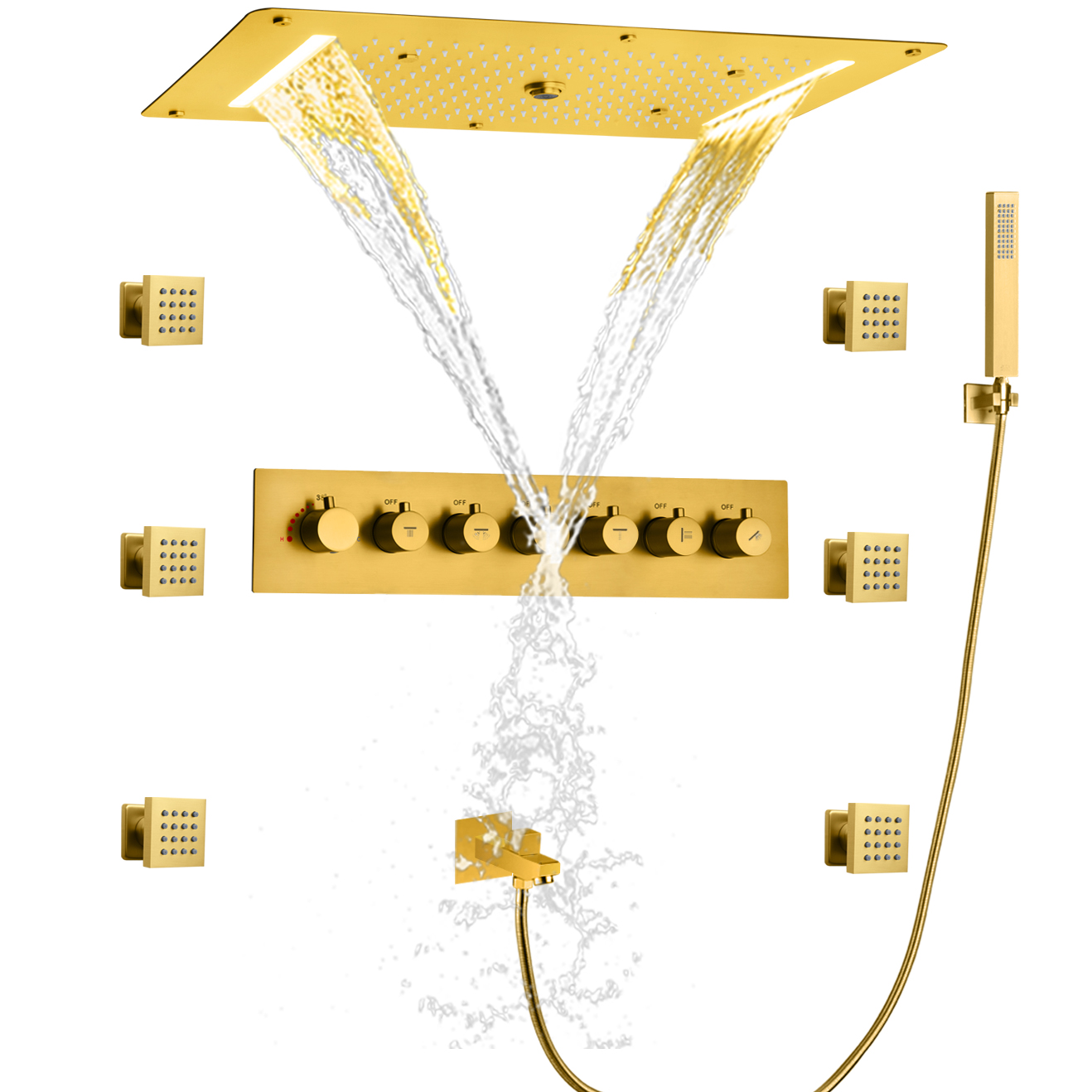 Brushed Gold LED Thermostatic Bathroom Shower Set Rainfall Concealed Shower System Handheld Tub Spout