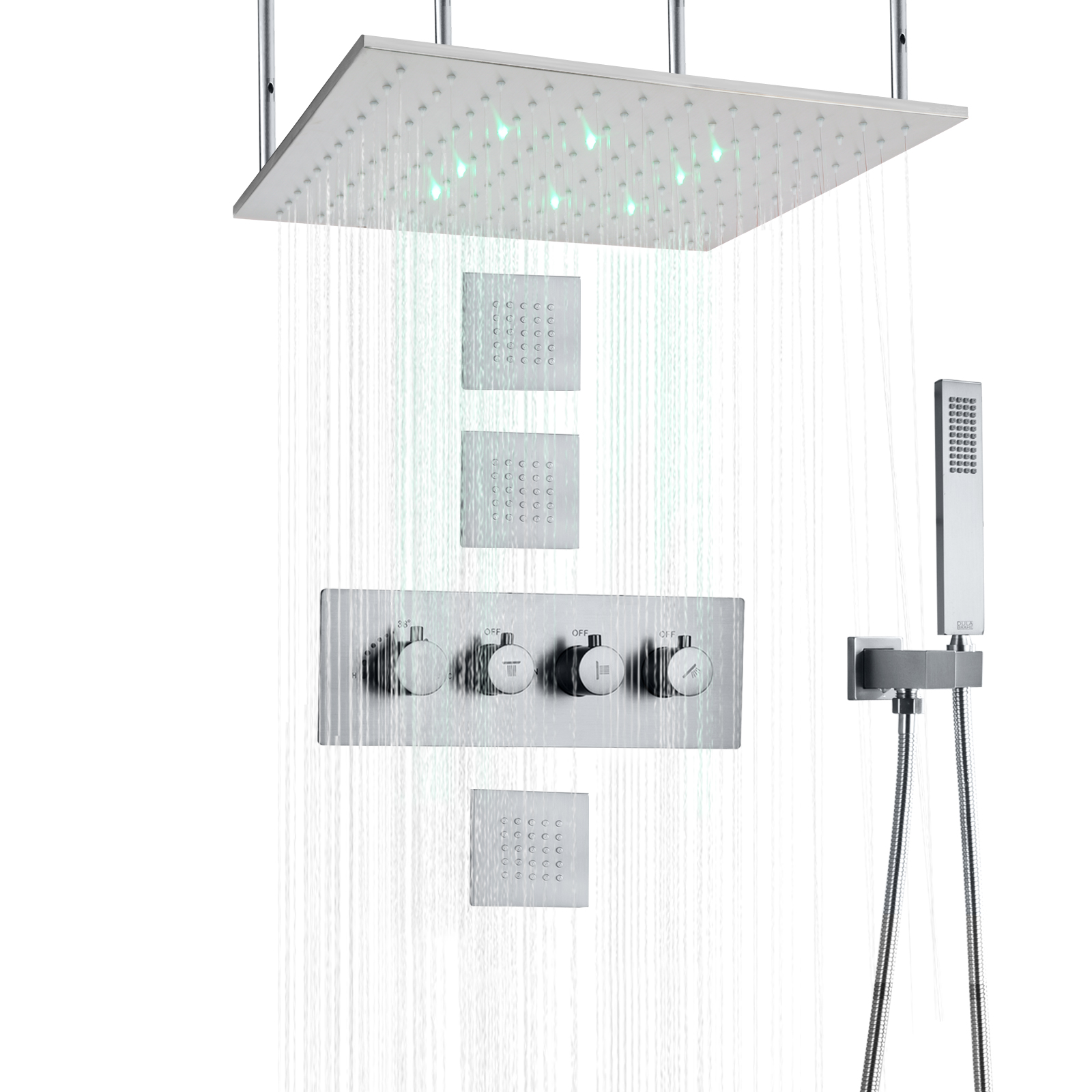 16 Inch Brushed Nickel Thermostatic LED Bathroom Shower Faucets Wall Rainfall Handheld Douche Spa