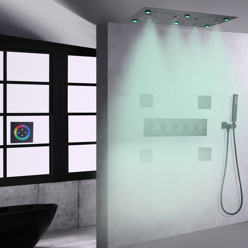 Matte Black Thermostatic Bath Shower Set 24*12 Inch LED Bathroom Shower Rainfall Concealed Shower System With Handheld