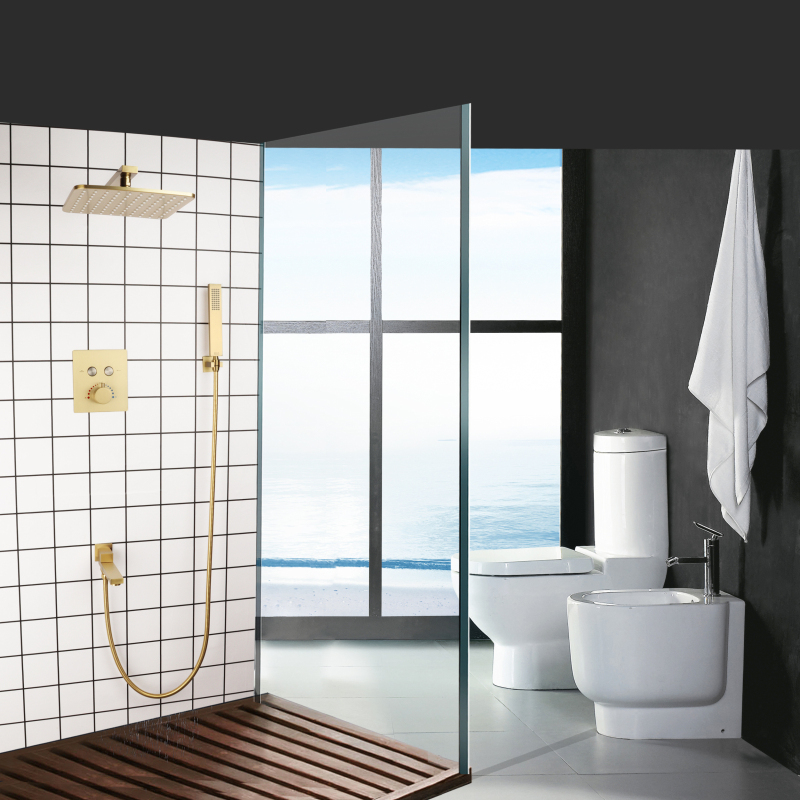 Brushed Gold Thermostatic Rainfall Shower System 10 Inch Bathroom Gold Luxurious Modern Shower Set With Bathtub Spout
