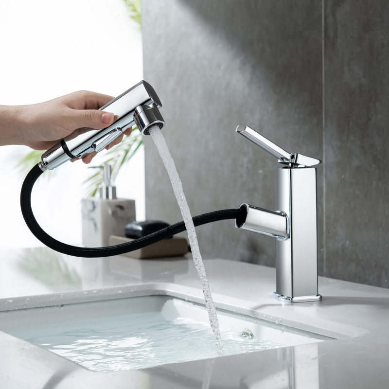 Chrome Polished High Pull Out Basin Faucet Bathroom Sanitary Ware Hot And Cold Faucet Sink