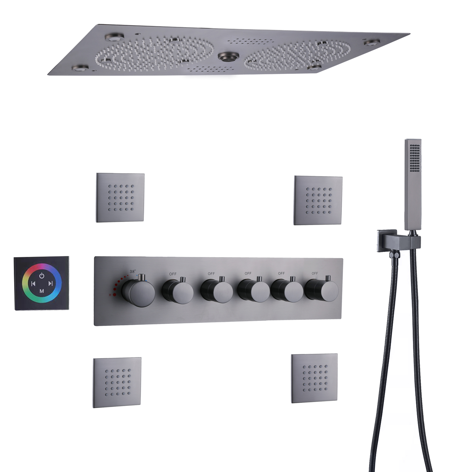 High Quality Gun Gray LED Shower Head Faucet Set Music Thermostatic Shower System Massage Jets