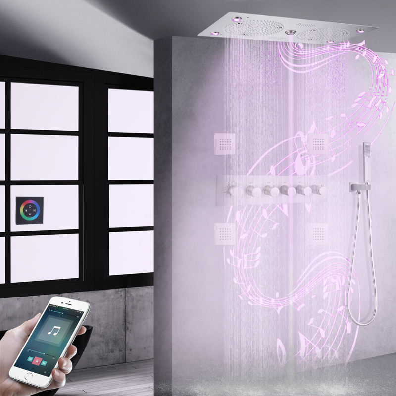 Brushed Nickel Thermostatic Shower System Set 620*320mm LED Bathroom With Music Multifunction Massage Full Bathing Shower