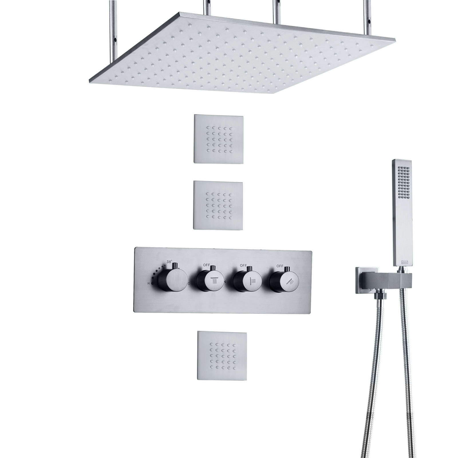 Brushed Nickel Thermostatic Rainfall LED Bath Shower System 3 Way To Shower Handheld