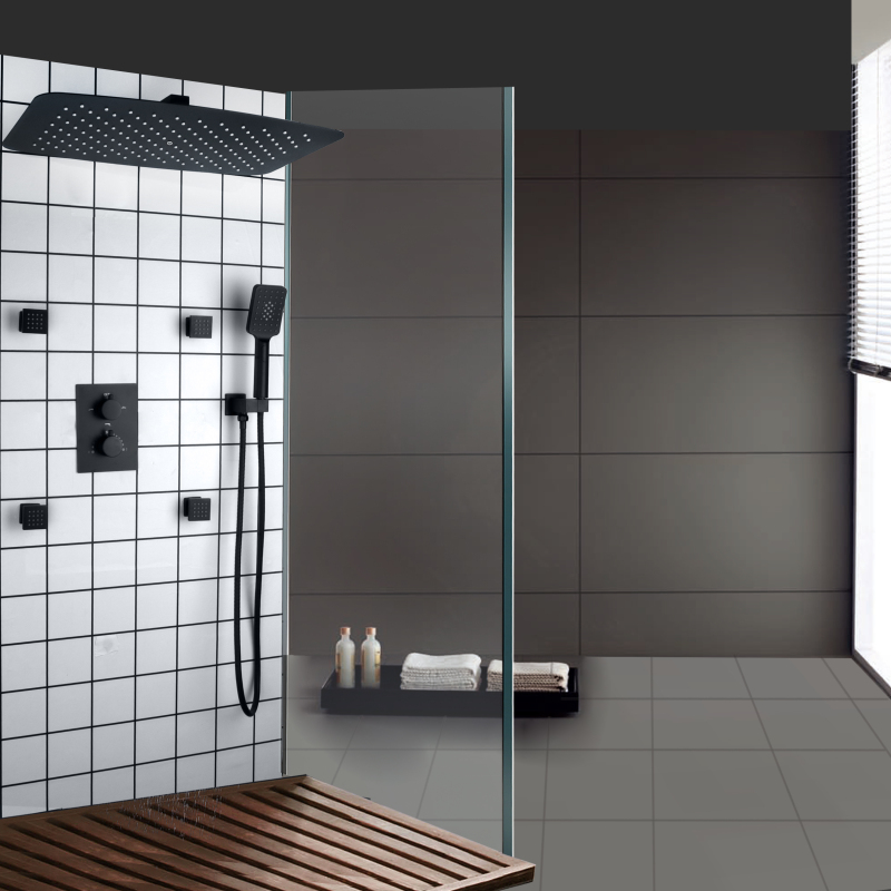 Matte Black Thermostatic Quality Bathroom Shower System Rainfall Mixer Douche Massage Shower Faucet Set