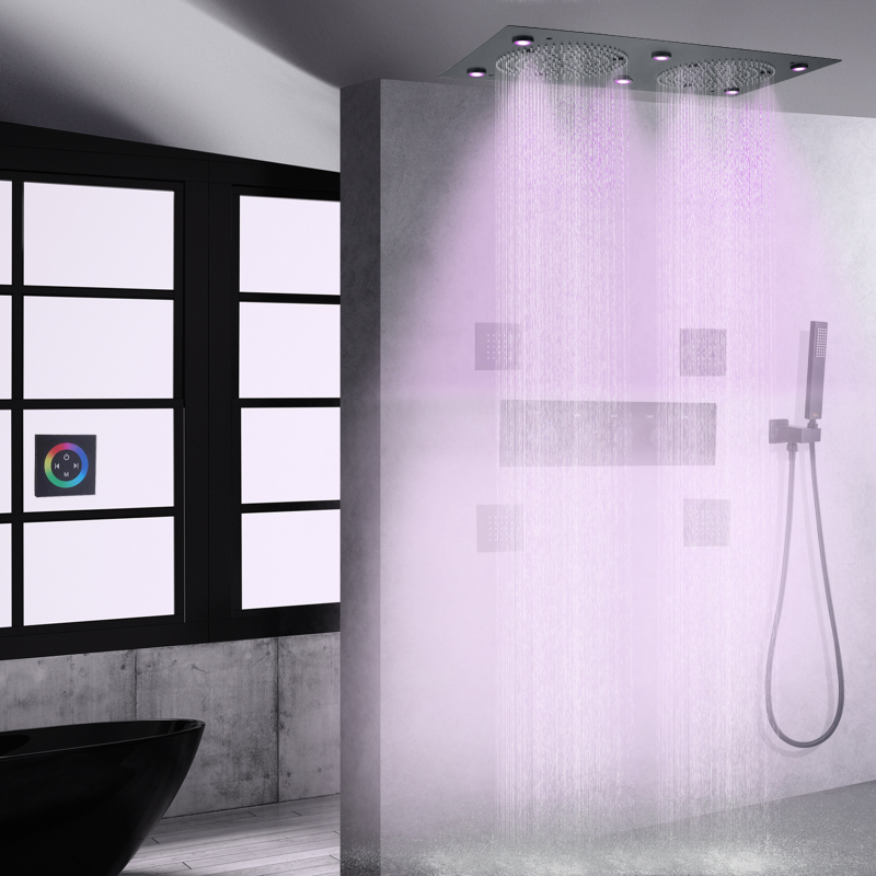 Matte Black Thermostatic Shower Mixer Set 24*12 Inch LED Bathroom Multifunction Rainfall Concealed Shower System