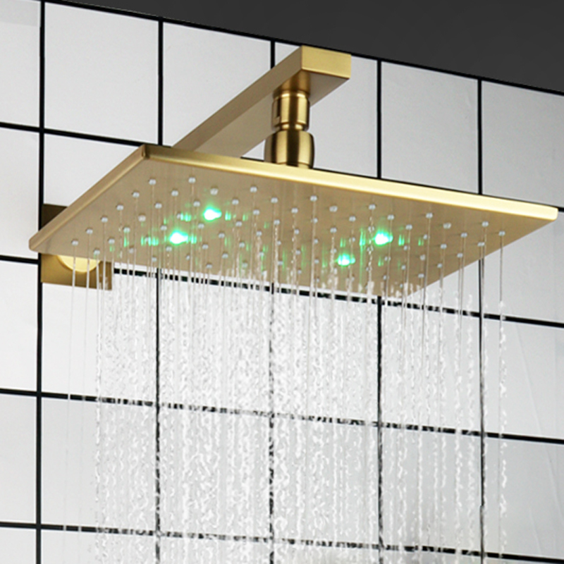 Brushed Gold Bath Faucets 28X18CM Shower Head LED 3 Color Temperature Changing Bathroom Wall Mount Shower Rainfall