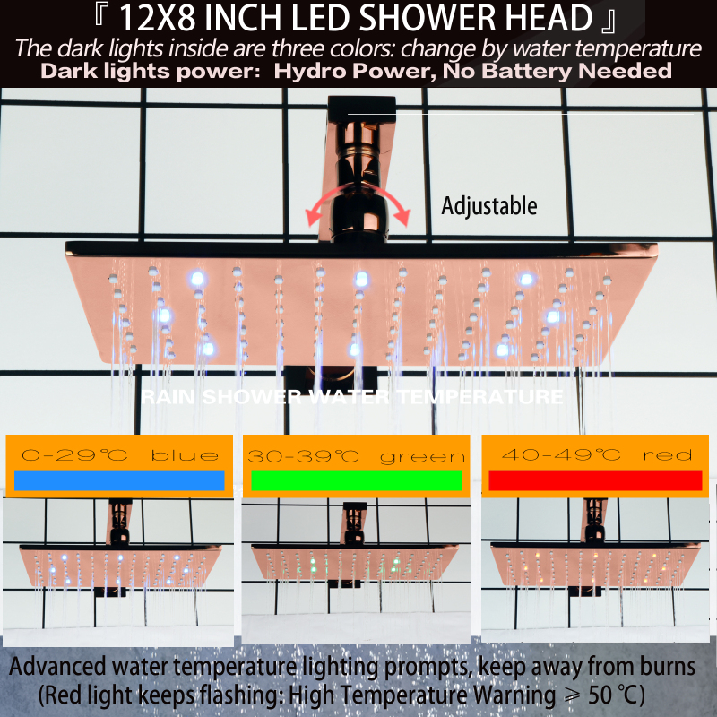 Rose Gold 28X18CM Bathroom Shower Head LED 3 Color Temperature Changing Wall Mount Shower Rainfall