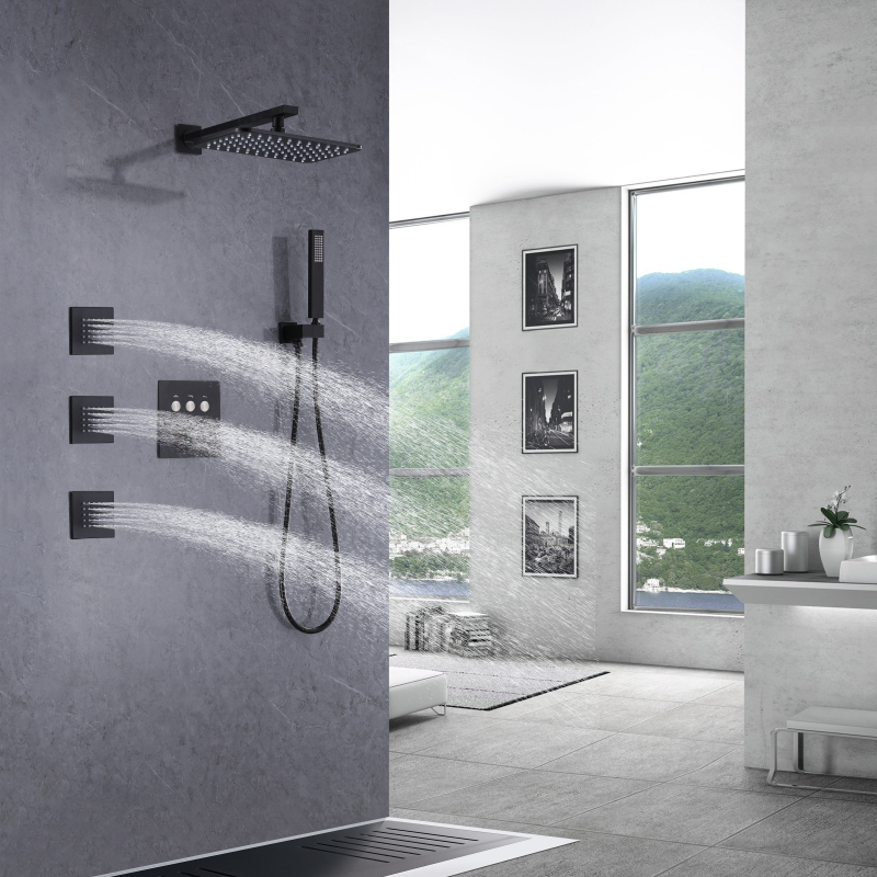 Top-end Matte Black Thermostatic Wall Mount Shower Faucet Rainfall Handheld of Nozzles Shower Set