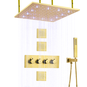 Brushed Gold Thermostatic Rainfall Douche Bathroom Shower Head Set LED With Handheld