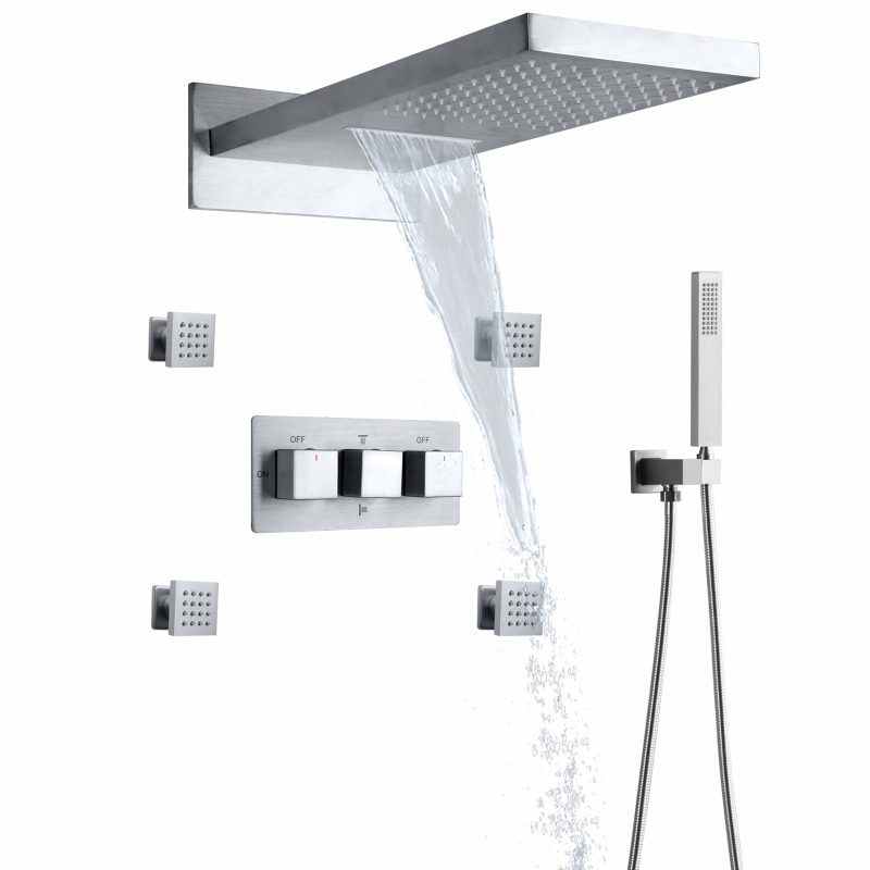 Brushed Nickel Cold And Hot Brass Shower Set Mixer Luxury Bathroom Rainfall Bath Shower Waterfall
