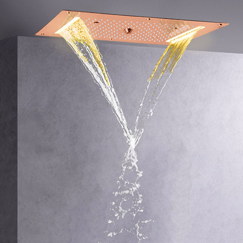 Rose Gold Shower Head 70X38 CM LED Bathroom Waterfall Rainfall Atomizing Bubble Massage Shower