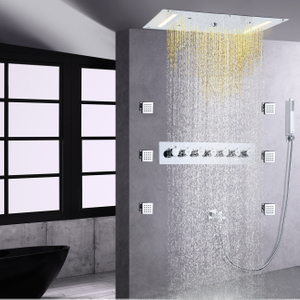Chrome Polished LED Concealed Ceiling Waterfall Shower Mixer Bathroom Thermostatic Mist Rain Spa