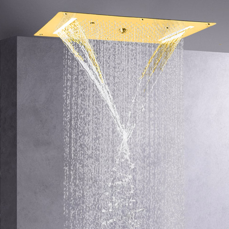 Luxury Gold Polished Shower Faucets 70X38 CM LED Bathroom Waterfall Rainfall Atomizing Bubble Massage Shower