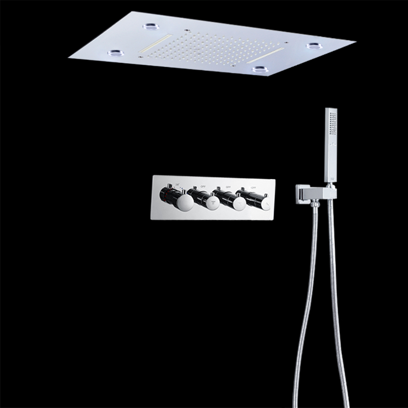 Chrome Multifunction Colorful LED Shower Head System Waterfall Rainfall Thermostatic Shower Faucet Set