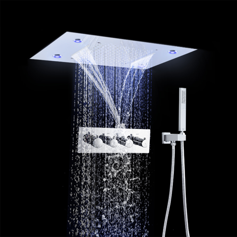 Chrome Multifunction Colorful LED Shower Head System Waterfall Rainfall Thermostatic Shower Faucet Set