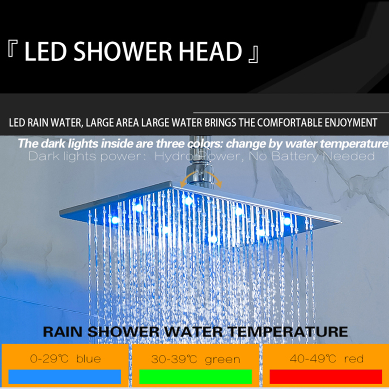 Chrome Polished 28X18CM Shower Mixer LED 3 Color Temperature Changing Bathroom Wall Mount Shower Rainfall