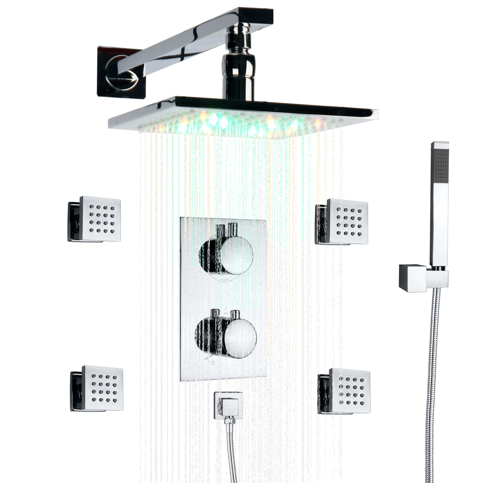 Chrome Polished LED Square Faucet Top Shower System Thermostatic Rainfall 3 Way To Shower