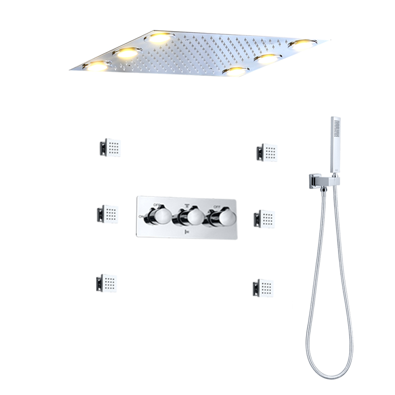 Recessed rainfall shower head led square shower set 6 body jets 304 stainless steel bath accessories hand shower