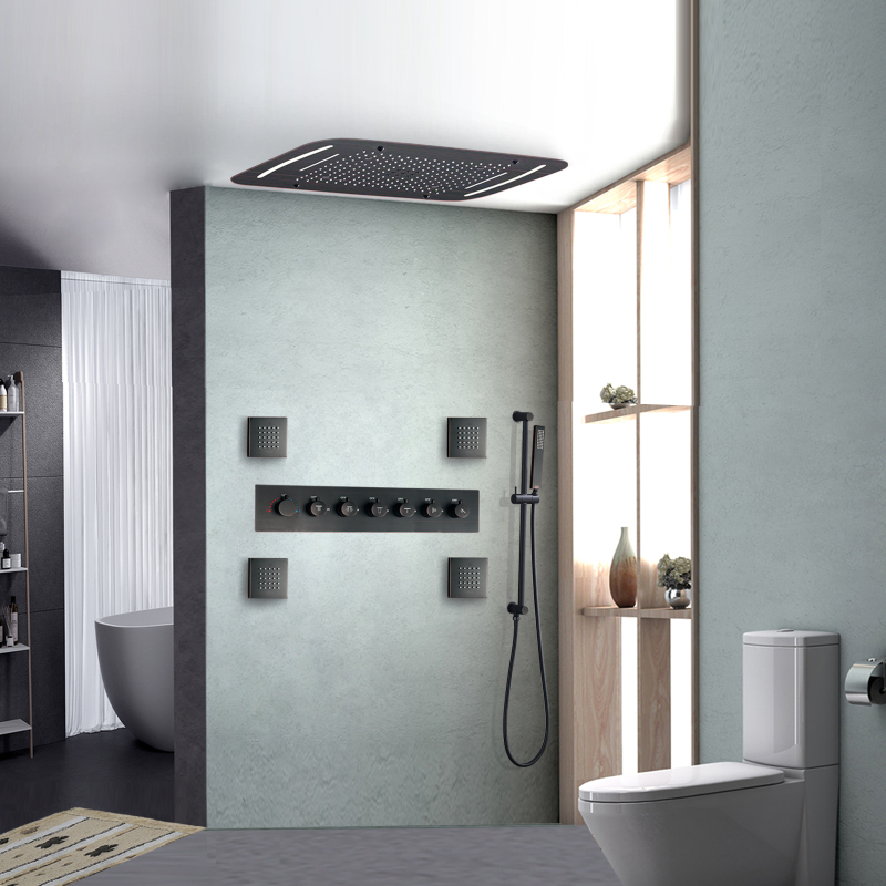 Oil Rubbed Bronze Thermostatic Shower Faucet 71X43 CM Luxury Bathroom LED Massage Rainfall Spray Shower Set