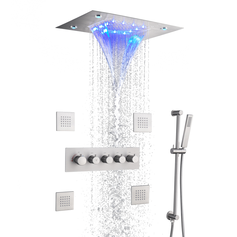 Brushed Nickel Spa Body Massage Jets LED Thermostatic Shower Set 14 X 20 Inch Waterfall And Rain Shower Head System