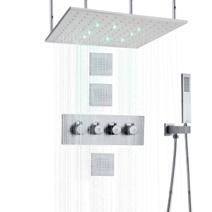 Brushed Nickel Thermostatic Shower Mixer 20 Inch LED Bathroom Rainfall Concealed Shower System With Hand Shower