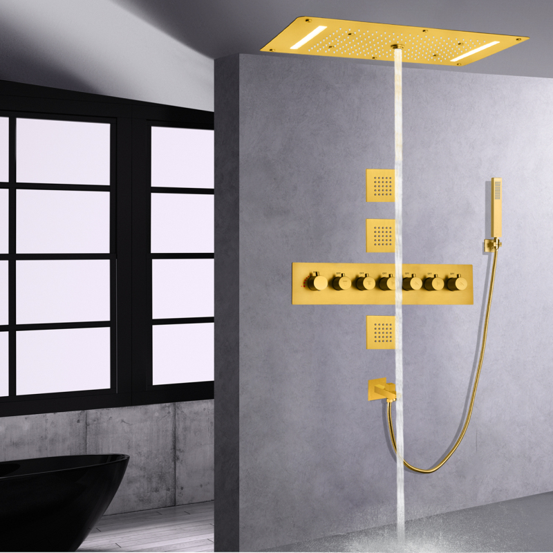 Thermostatic Brushed Gold Bathtub Shower Faucet System 700X380 MM LED Bathroom Shower Head With Handheld Spray