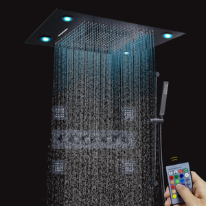 LED Thermostatic Shower Head Black Concealed With Handheld Spray Jets Waterfall Adjustable Handheld Shower Head Holder