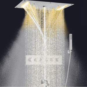 Thermostatic Shower Head Set 700 X 380 MM Brushed Nickel LED Bathroom Waterfall Spray Bubble Rains