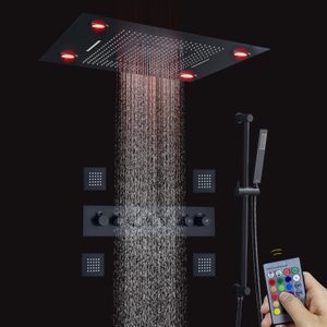 Matte Black Thermostatic Modern Shower Set 24 X 31 Inch LED Rain Shower Head With Handheld Brass Body Waterfall