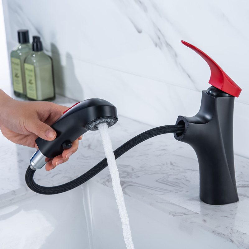 Matte Black Bathroom Faucet Red Handle Basin Mixer Full Out Double Water Functions Head Contemporary Sink Mixer