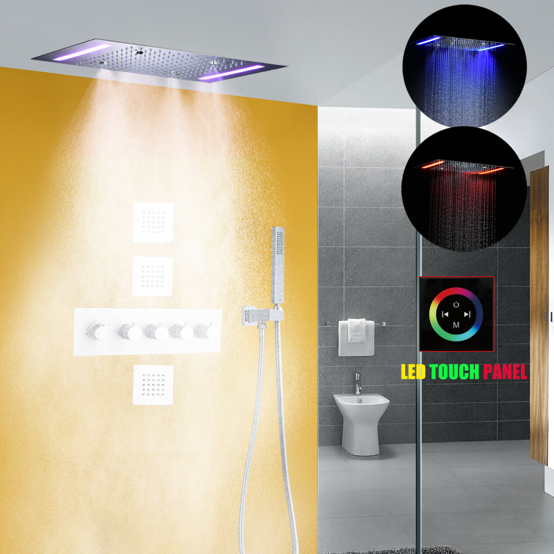 Chrome Thermostatic Rain Shower System Set 14 X 20 Inch LED Luxury Bathroom Mist Shower